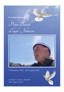 Funeral Order Of Service traditional example with photo and flying doves in blue sky