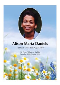 Funeral order of service template example. A modern natural design with a single photo on wild flower meadow background