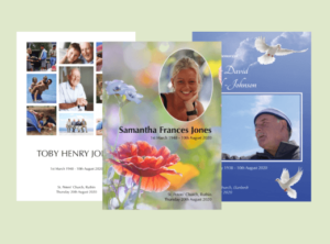 A selection of 3 funeral order of service example front cover designs