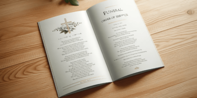 Funeral order of Service Example booklet open on a wooden table